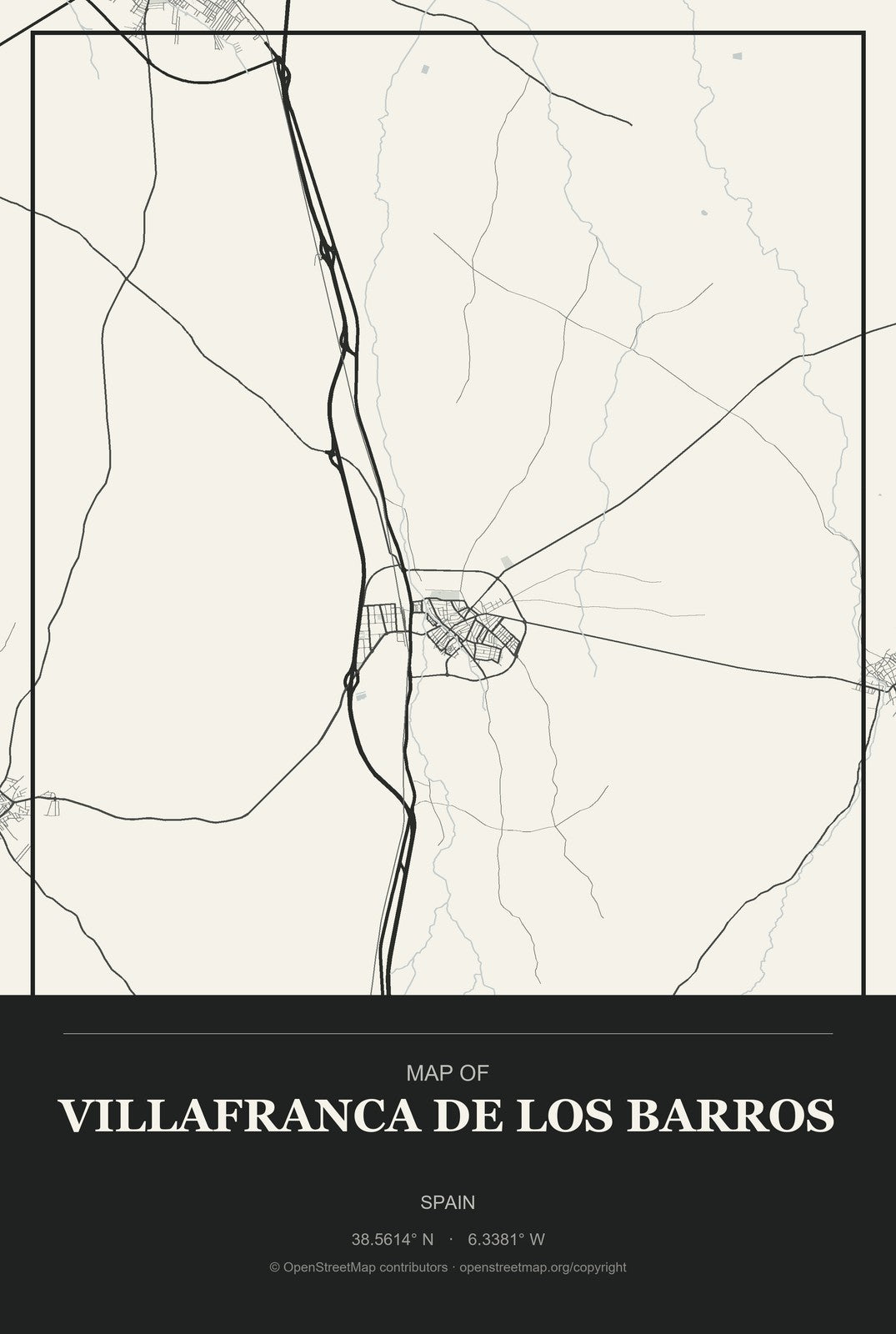 Villafranca de los Barros, Spain City Map Aluminum Sign in Museum Plaque style