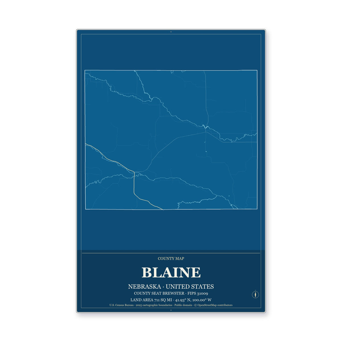 Blaine County, Nebraska Map Aluminum Sign in Harbor Cobalt style