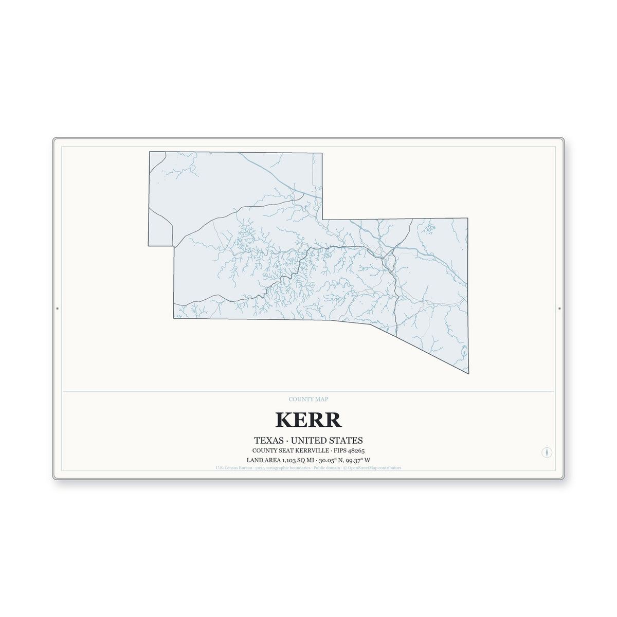Kerr County, Texas Map Aluminum Sign in Gallery Air style