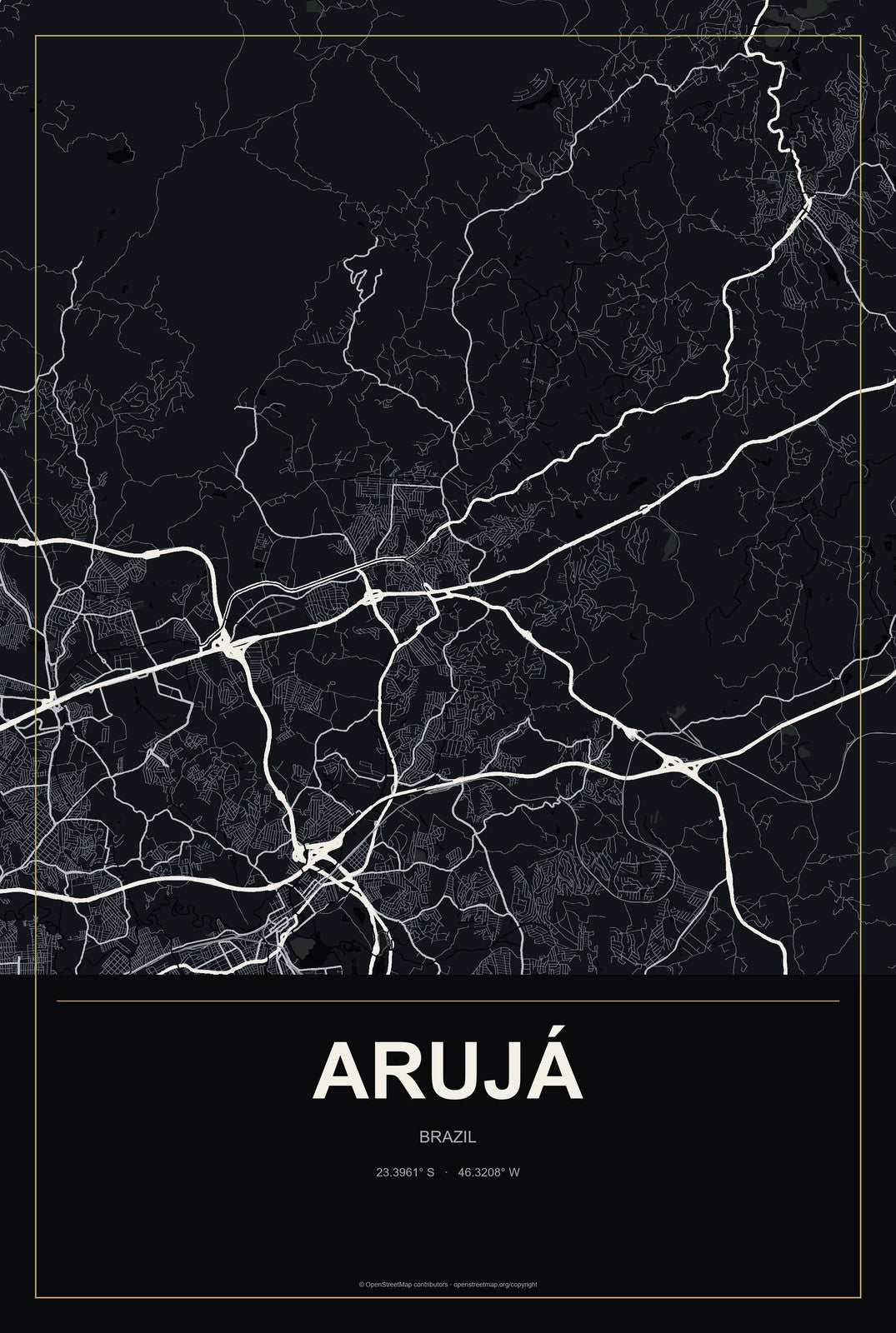 Arujá, Brazil City Map Aluminum Sign in Metropolitan Noir style