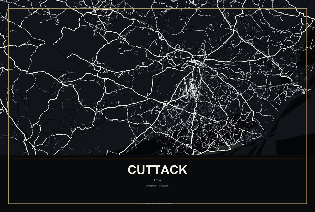 Cuttack, India City Map Aluminum Sign in Metropolitan Noir style