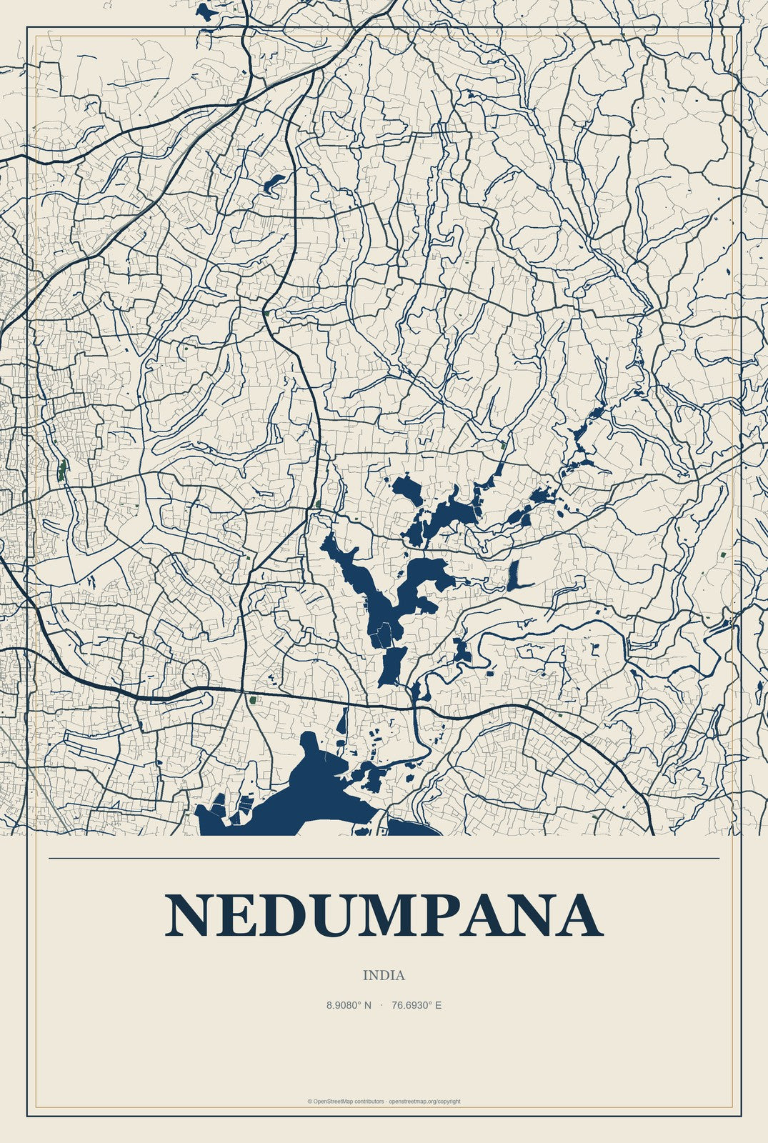 Nedumpana, India City Map Aluminum Sign in Coastal Cutout style