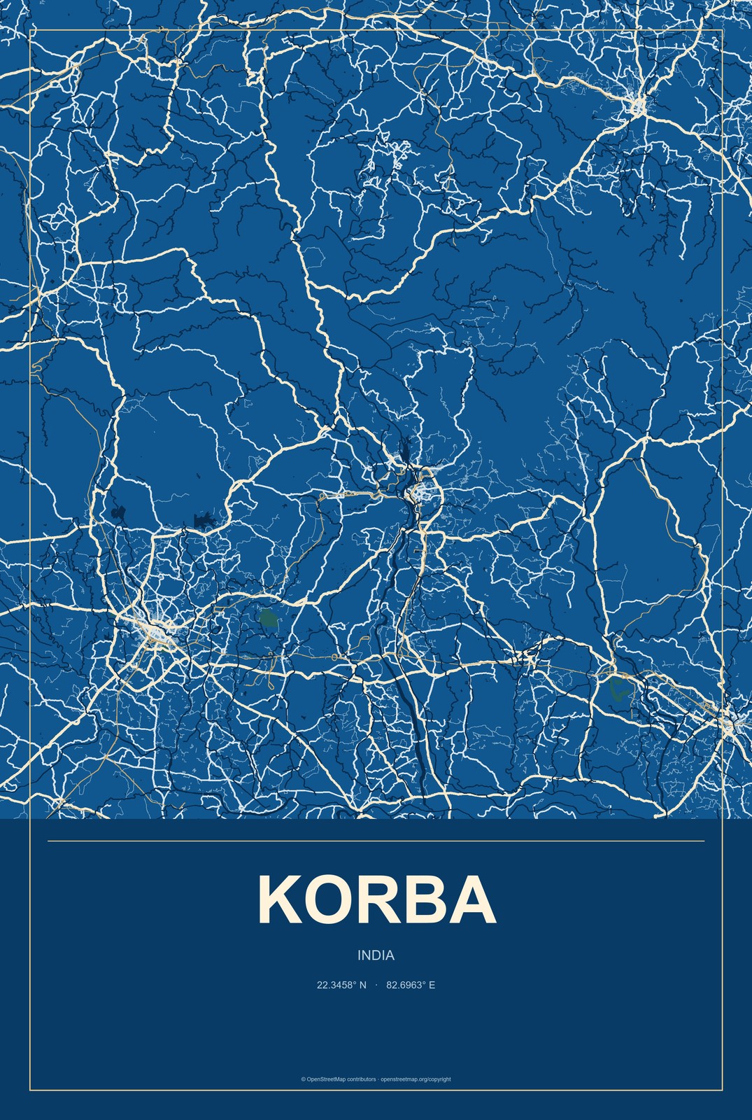 Korba, India City Map Aluminum Sign in Harbor Cobalt style