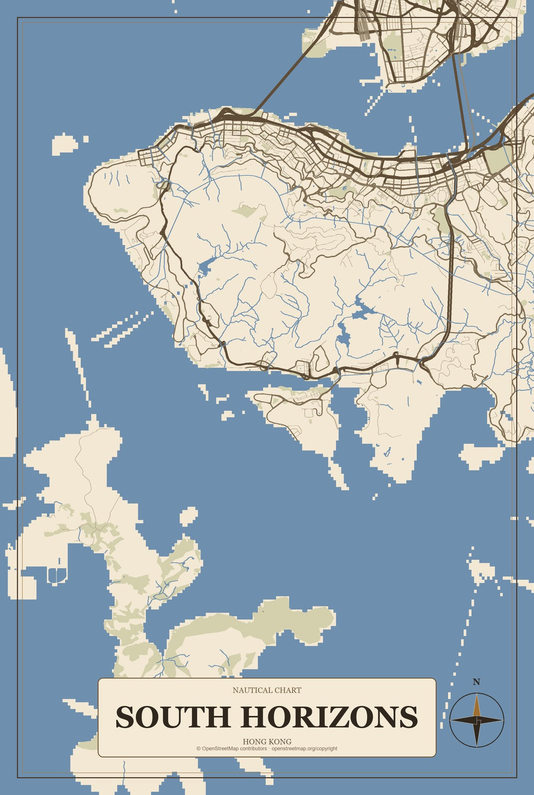 South Horizons, Hong Kong City Map Aluminum Sign in Heritage Nautical style