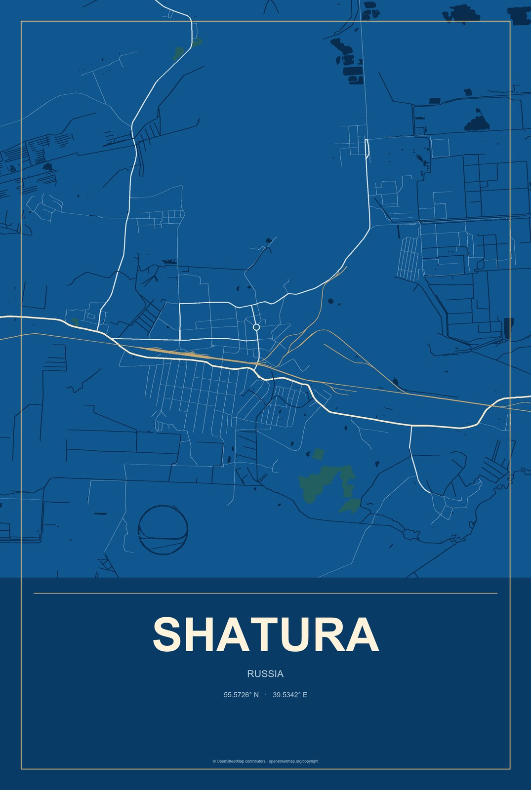 Shatura, Russia City Map Aluminum Sign in Harbor Cobalt style