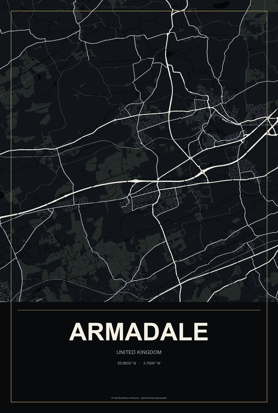 Armadale, United Kingdom City Map Aluminum Sign in Metropolitan Noir style