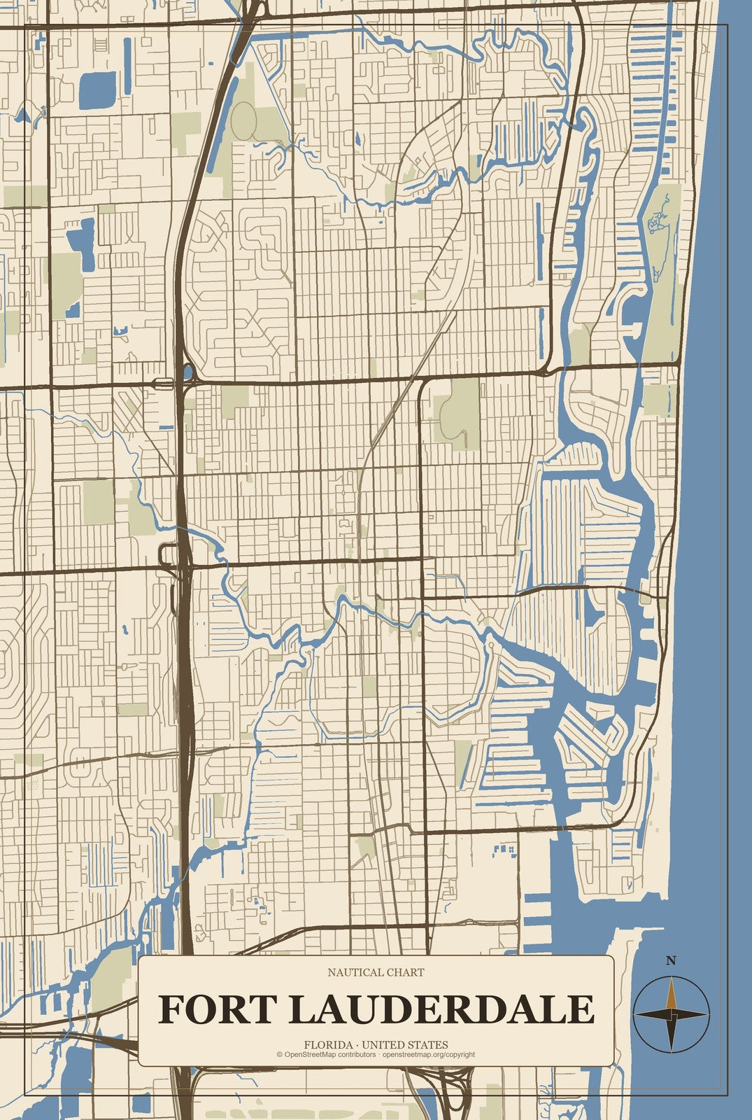 Fort Lauderdale, Florida City Map Aluminum Sign in Heritage Nautical style