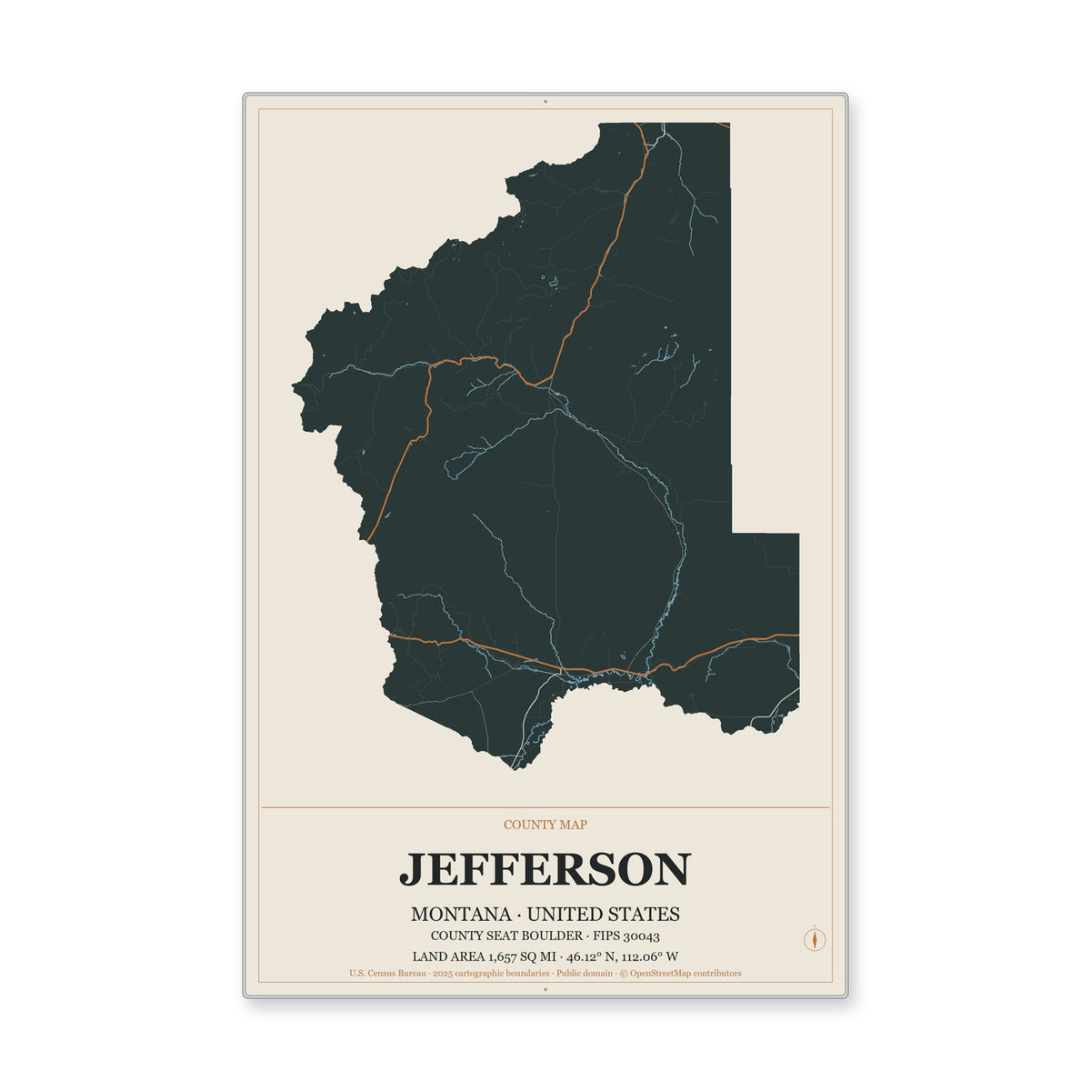 Jefferson County, Montana Map Aluminum Sign in Headline Atlas style