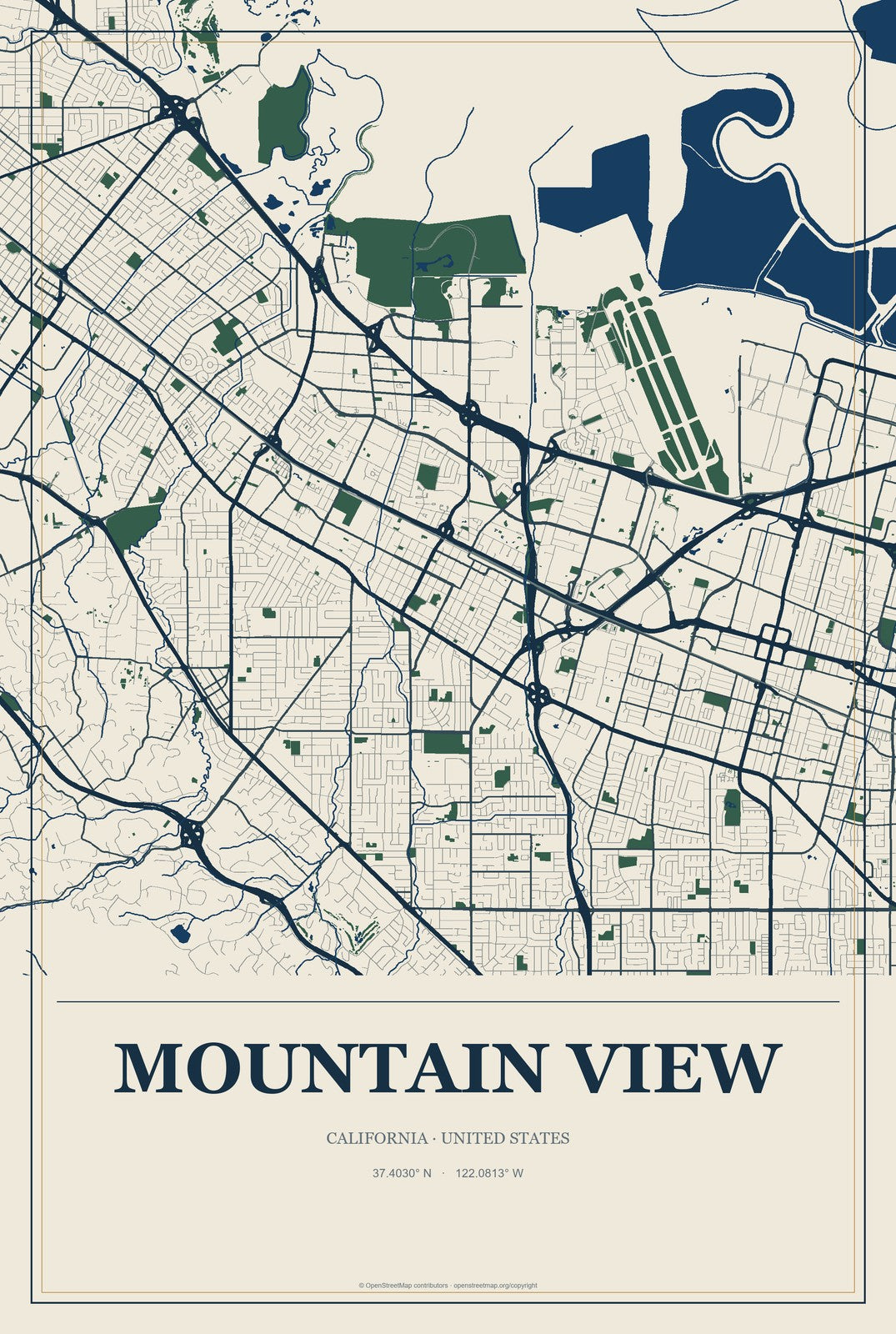 Mountain View, California City Map Aluminum Sign in Coastal Cutout style