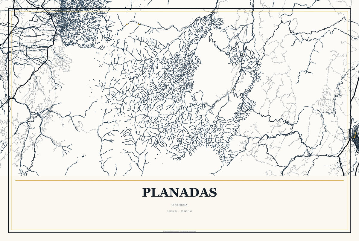 Planadas, Colombia City Map Aluminum Sign in Citrine Modern style