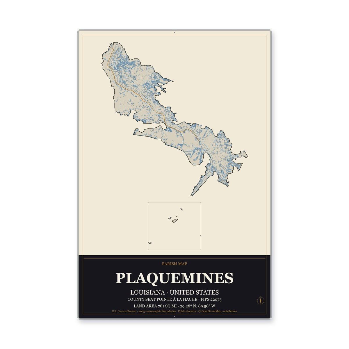 Plaquemines Parish, Louisiana Map Aluminum Sign in Museum Plaque style