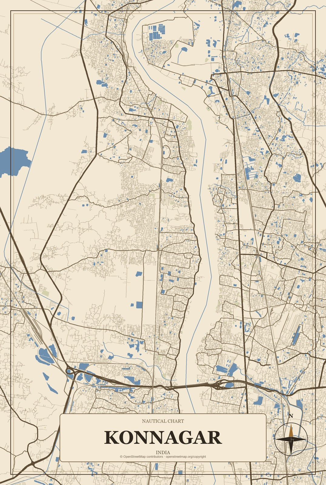 Konnagar, India City Map Aluminum Sign in Heritage Nautical style