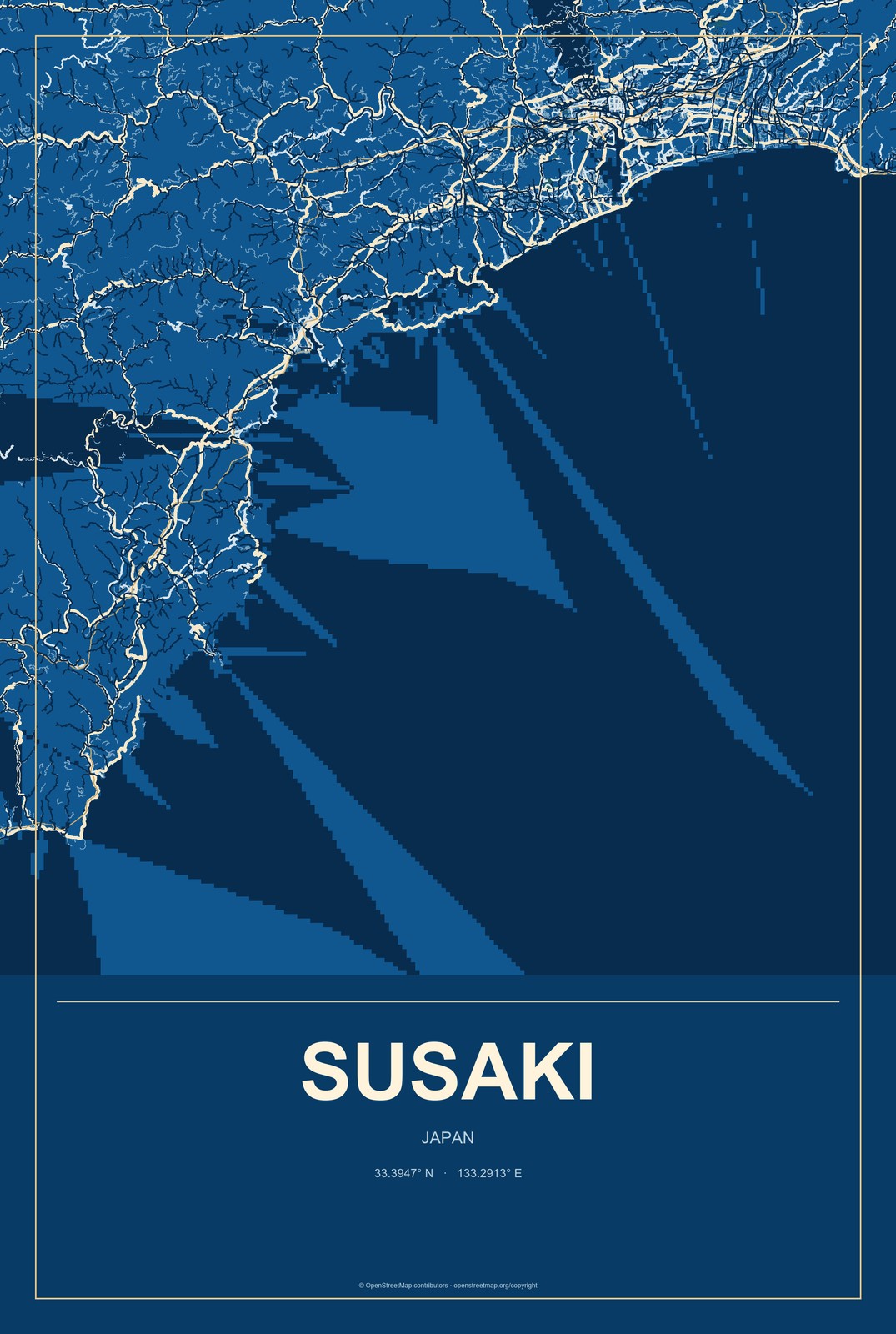 Susaki, Japan City Map Aluminum Sign in Harbor Cobalt style