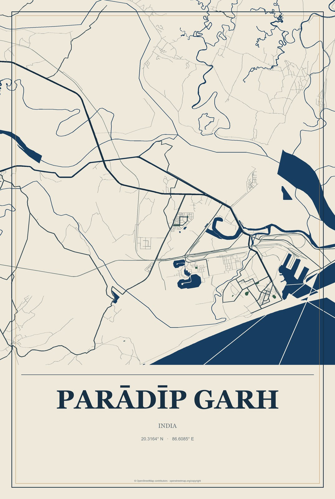 Parādīp Garh, India City Map Aluminum Sign in Coastal Cutout style