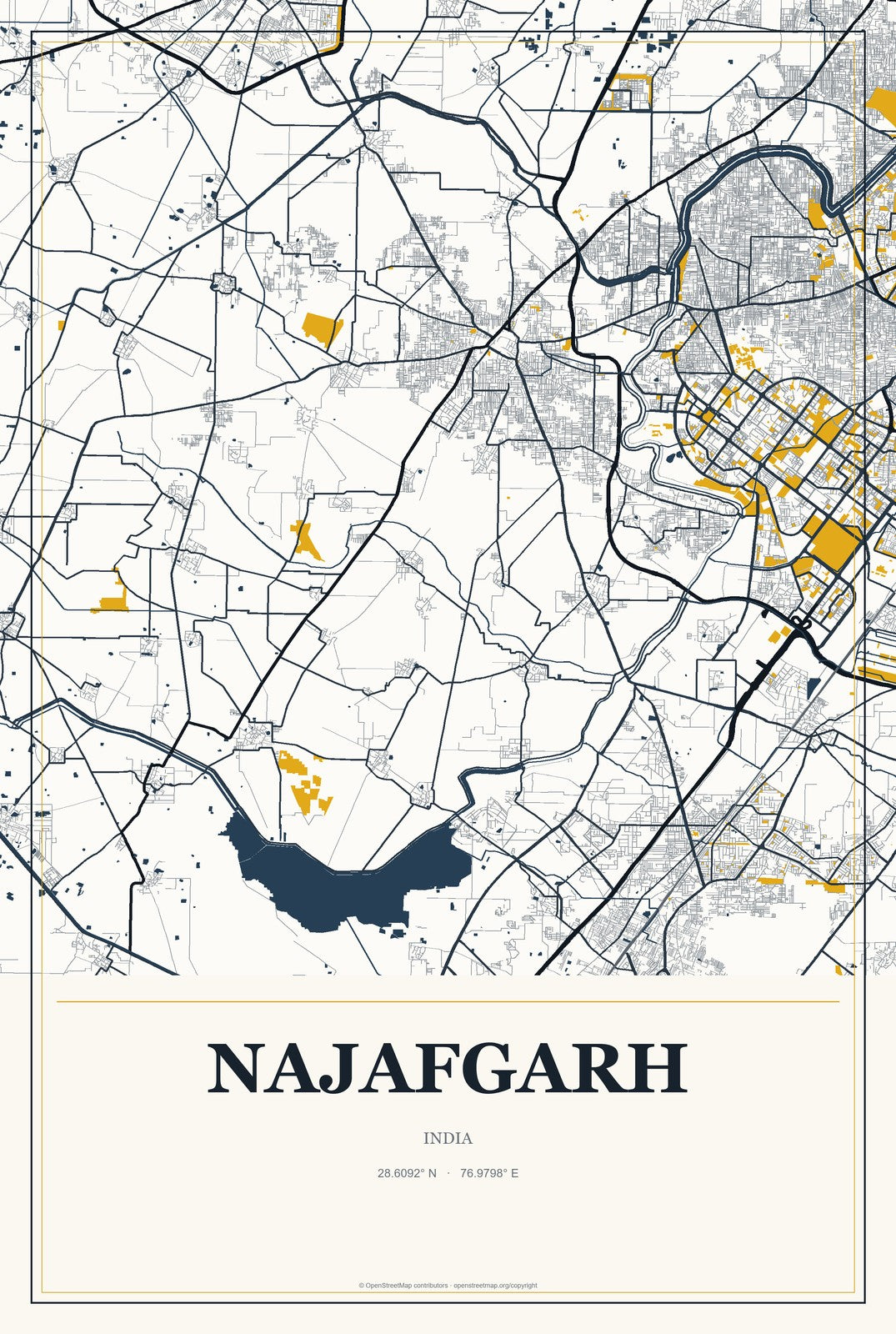Najafgarh, India City Map Aluminum Sign in Citrine Modern style