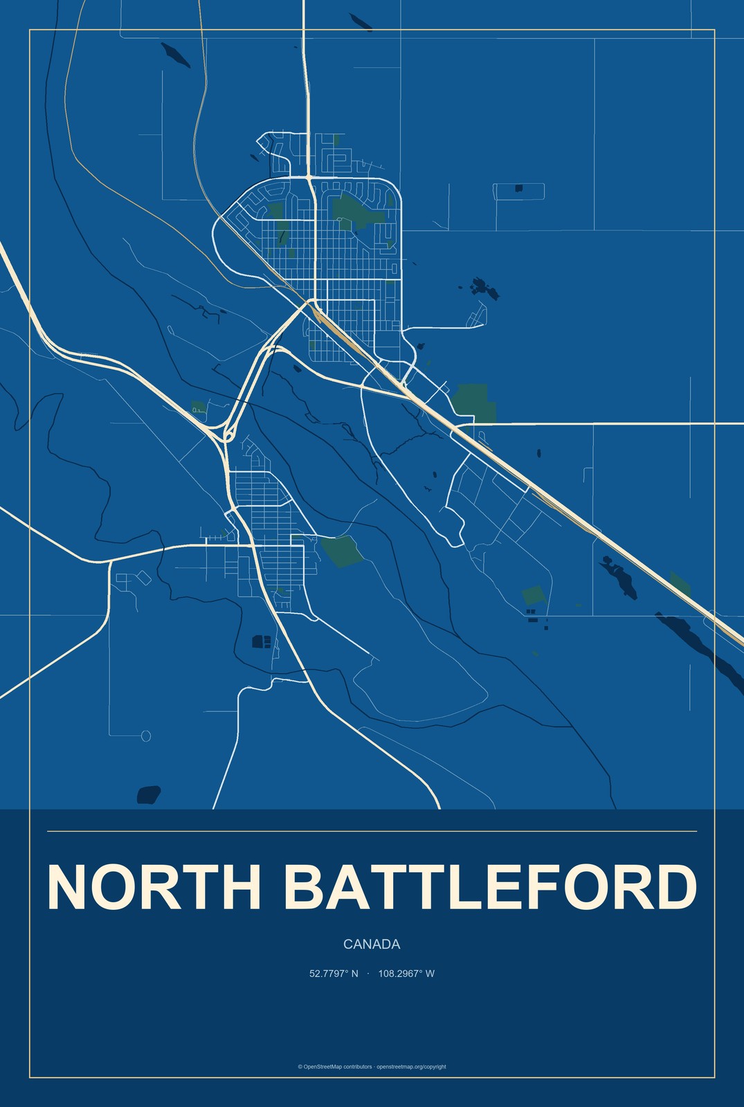 North Battleford, Canada City Map Aluminum Sign in Harbor Cobalt style