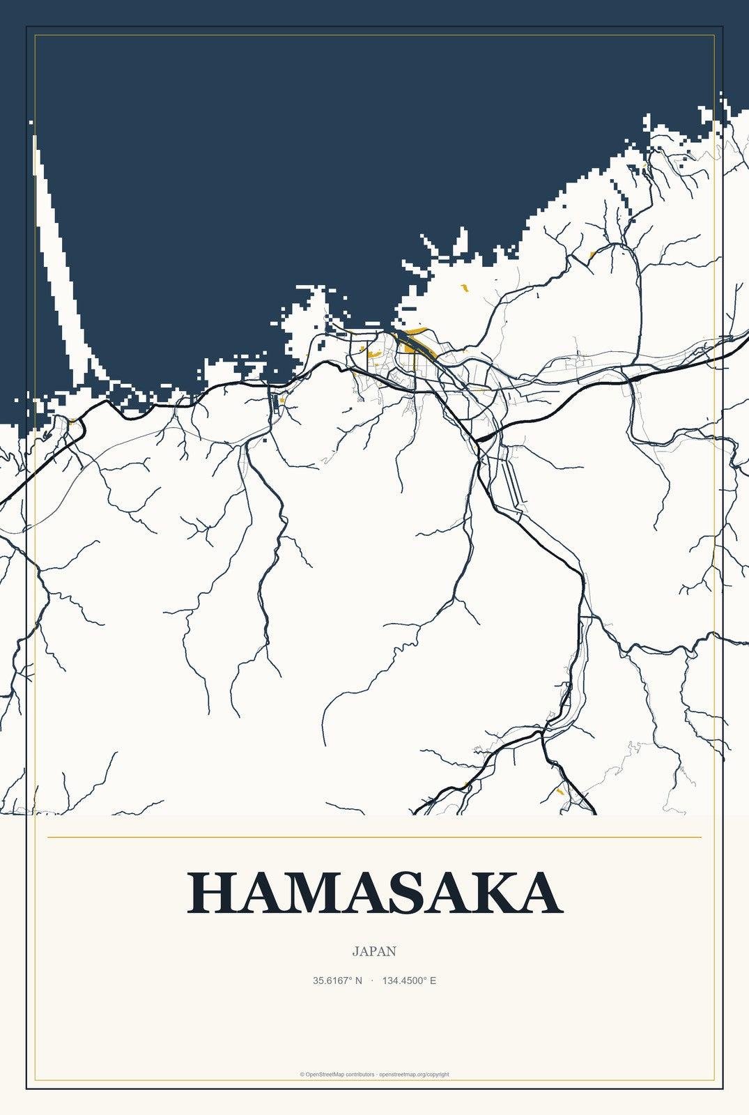 Hamasaka, Japan City Map Aluminum Sign in Citrine Modern style