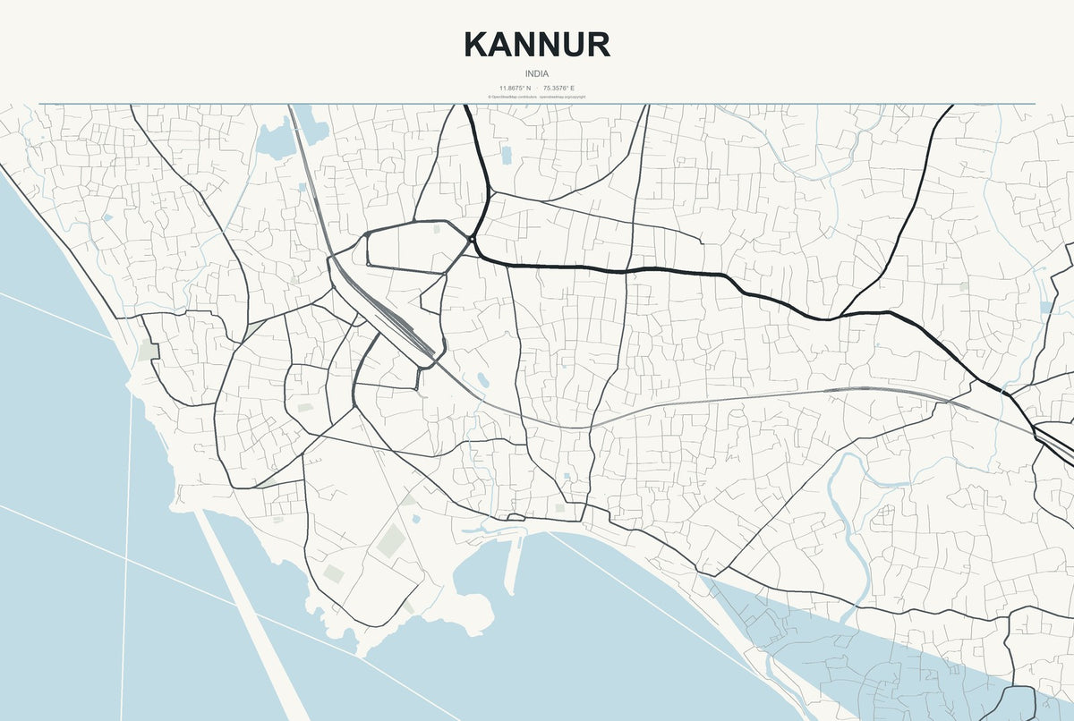 Kannur, India City Map Aluminum Sign in Headline Atlas style