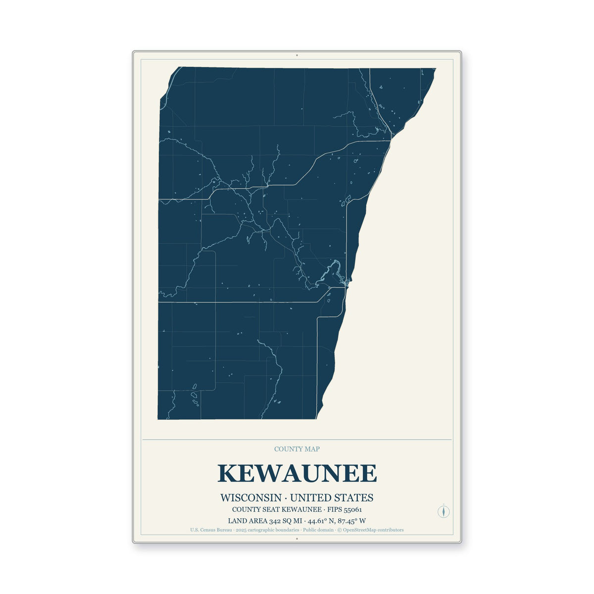 Kewaunee County, Wisconsin Map Aluminum Sign in Coastal Cutout style