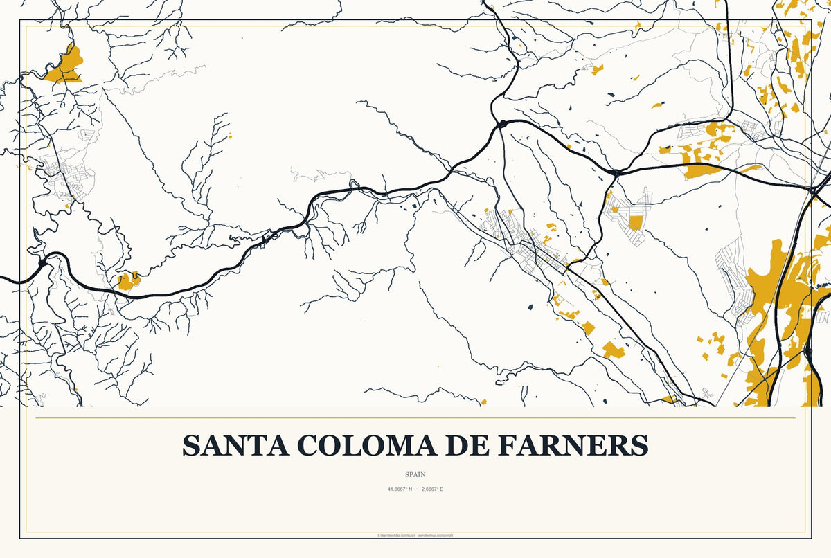 Santa Coloma de Farners, Spain City Map Aluminum Sign in Citrine Modern style