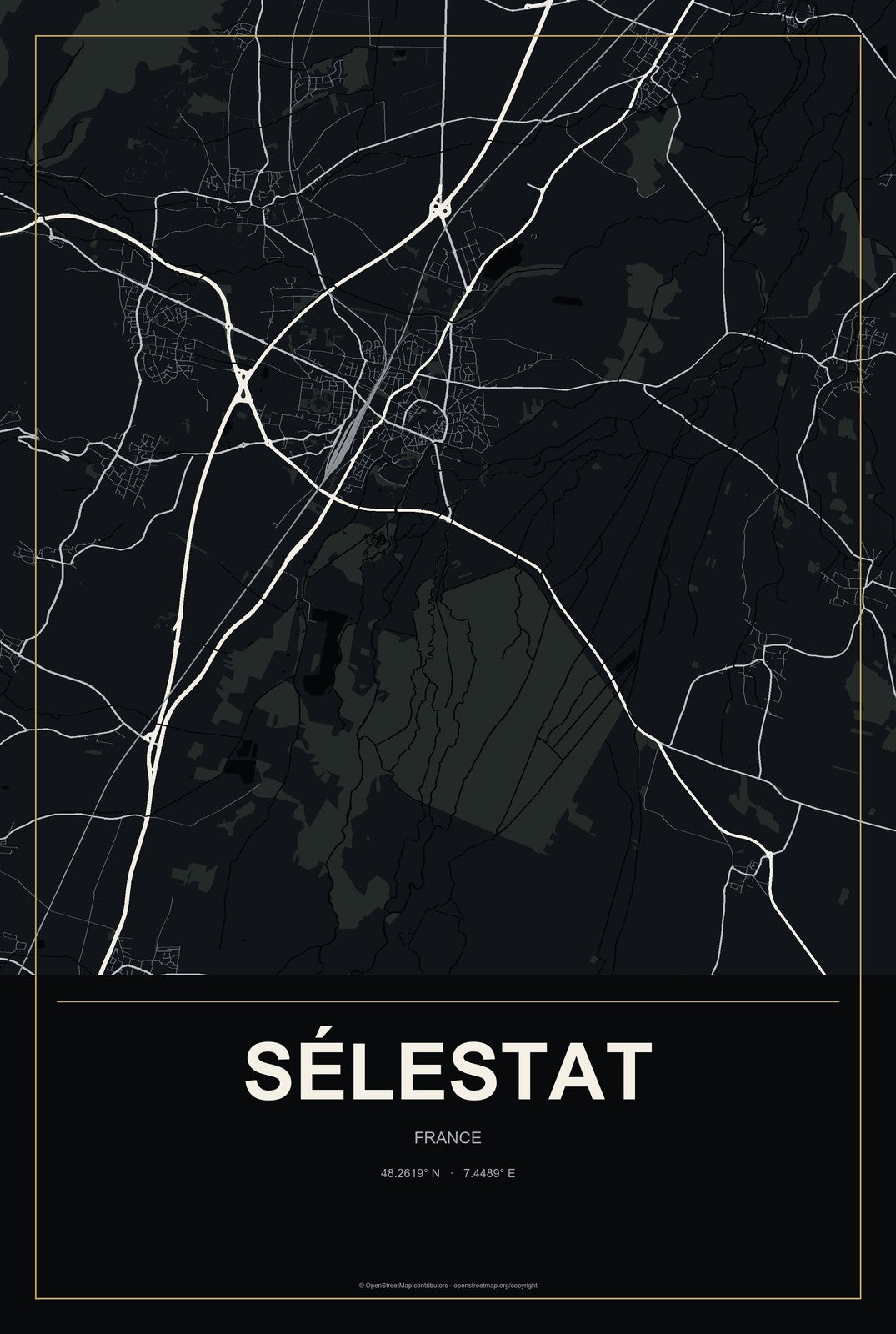 Sélestat, France City Map Aluminum Sign in Metropolitan Noir style