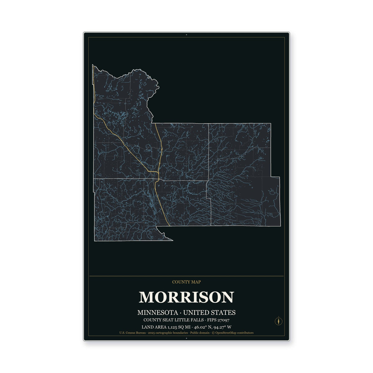 Morrison County, Minnesota Map Aluminum Sign in Metropolitan Noir style
