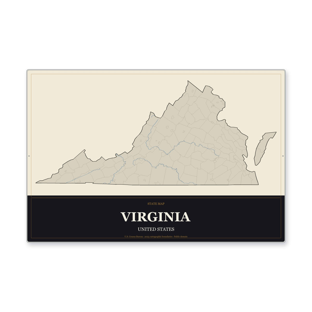 Virginia state map aluminum sign in Museum Plaque style
