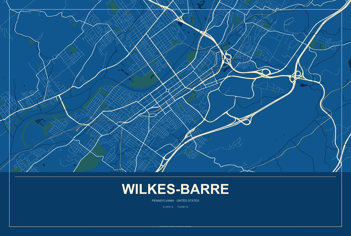 Wilkes-Barre, Pennsylvania City Map Aluminum Sign in Harbor Cobalt style