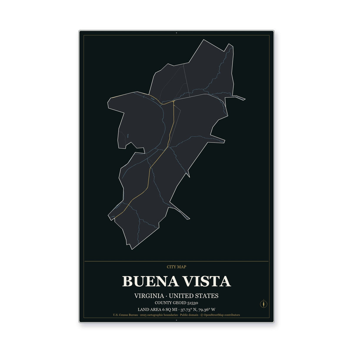 Buena Vista city, Virginia Map Aluminum Sign in Metropolitan Noir style