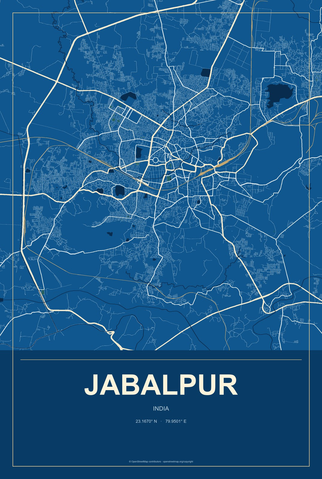 Jabalpur, India City Map Aluminum Sign in Harbor Cobalt style