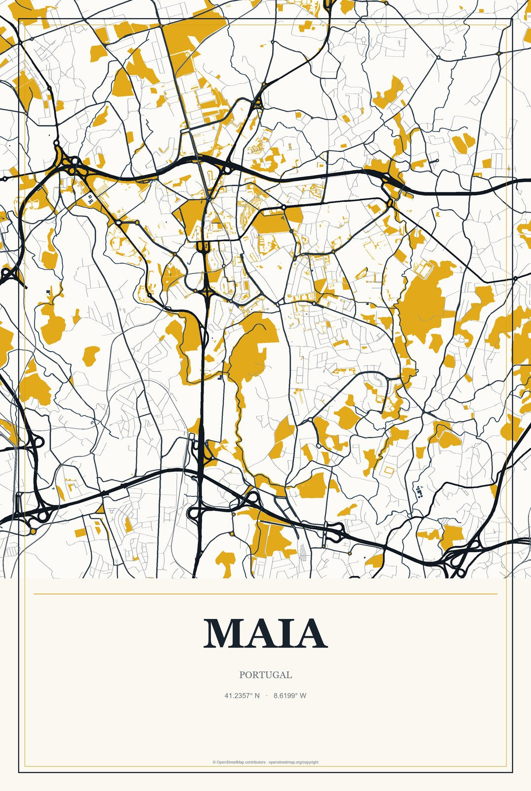 Maia, Portugal City Map Aluminum Sign in Citrine Modern style
