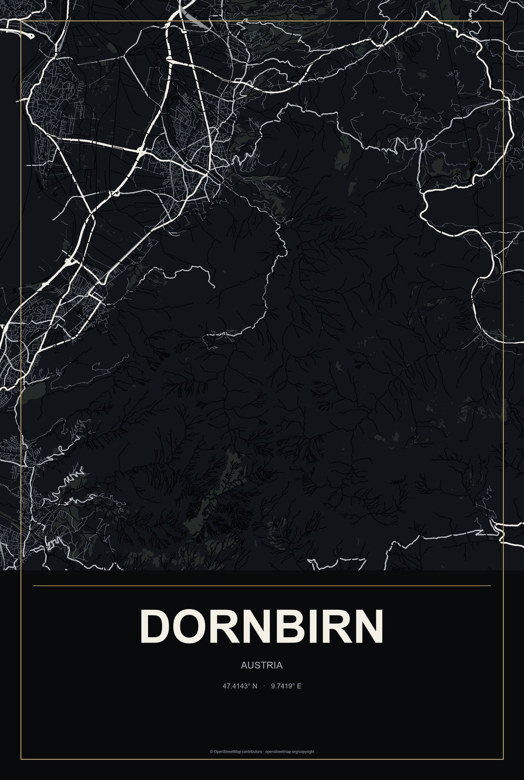 Dornbirn, Austria City Map Aluminum Sign in Metropolitan Noir style