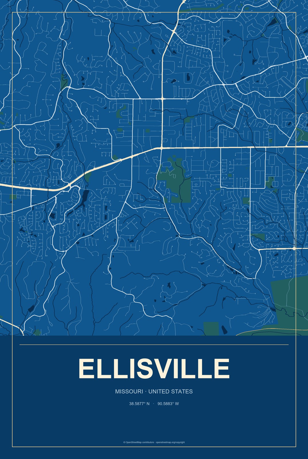 Ellisville, Missouri City Map Aluminum Sign in Harbor Cobalt style