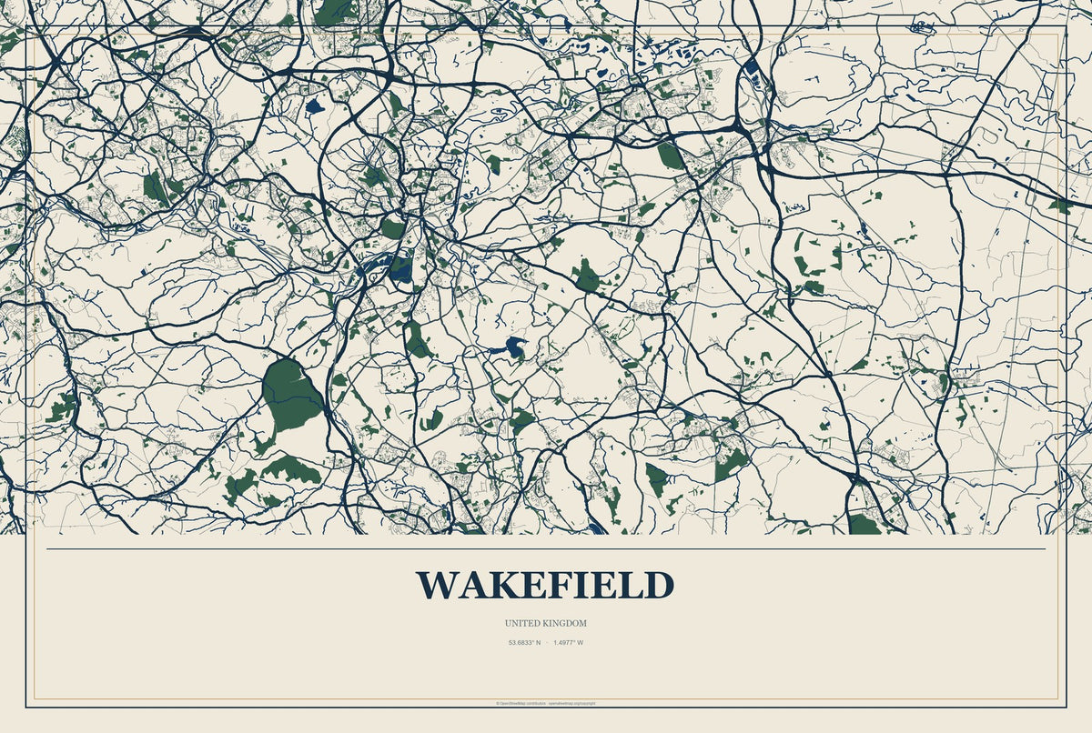 Wakefield, United Kingdom City Map Aluminum Sign in Coastal Cutout style