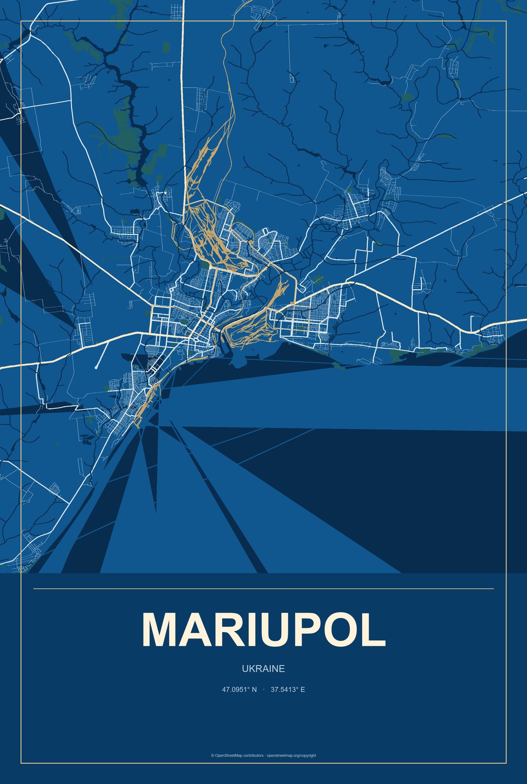 Mariupol, Ukraine City Map Aluminum Sign in Harbor Cobalt style