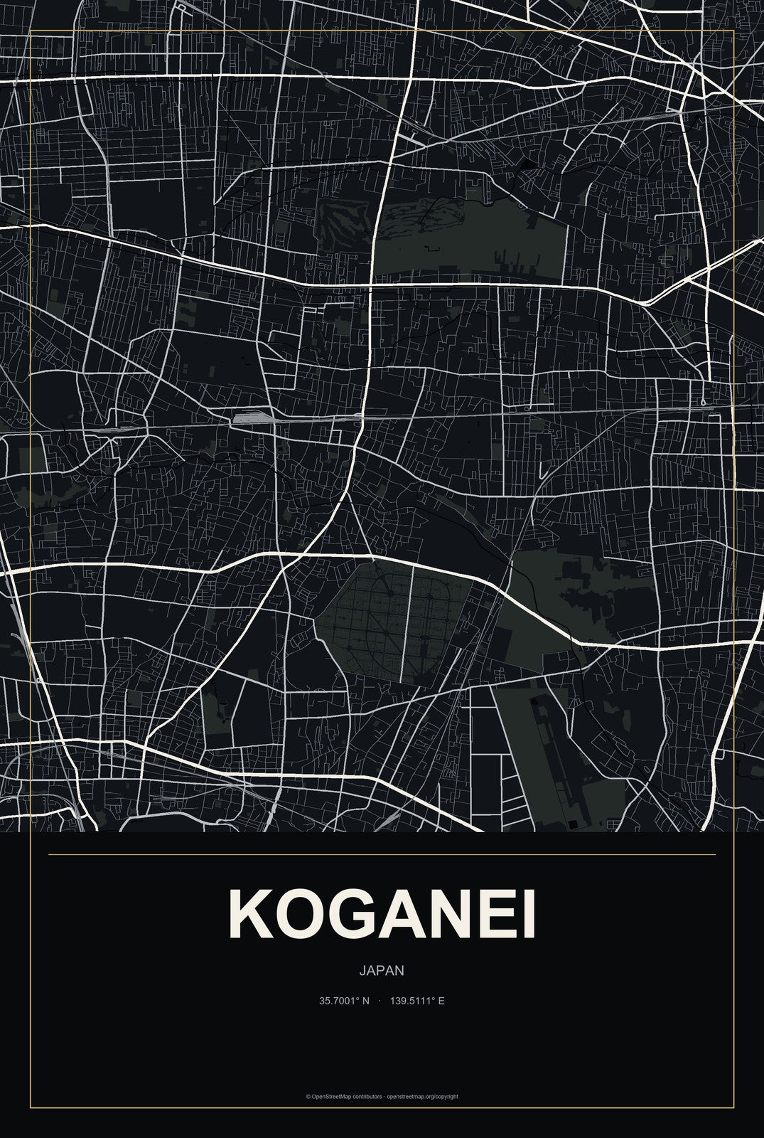 Koganei, Japan City Map Aluminum Sign in Metropolitan Noir style