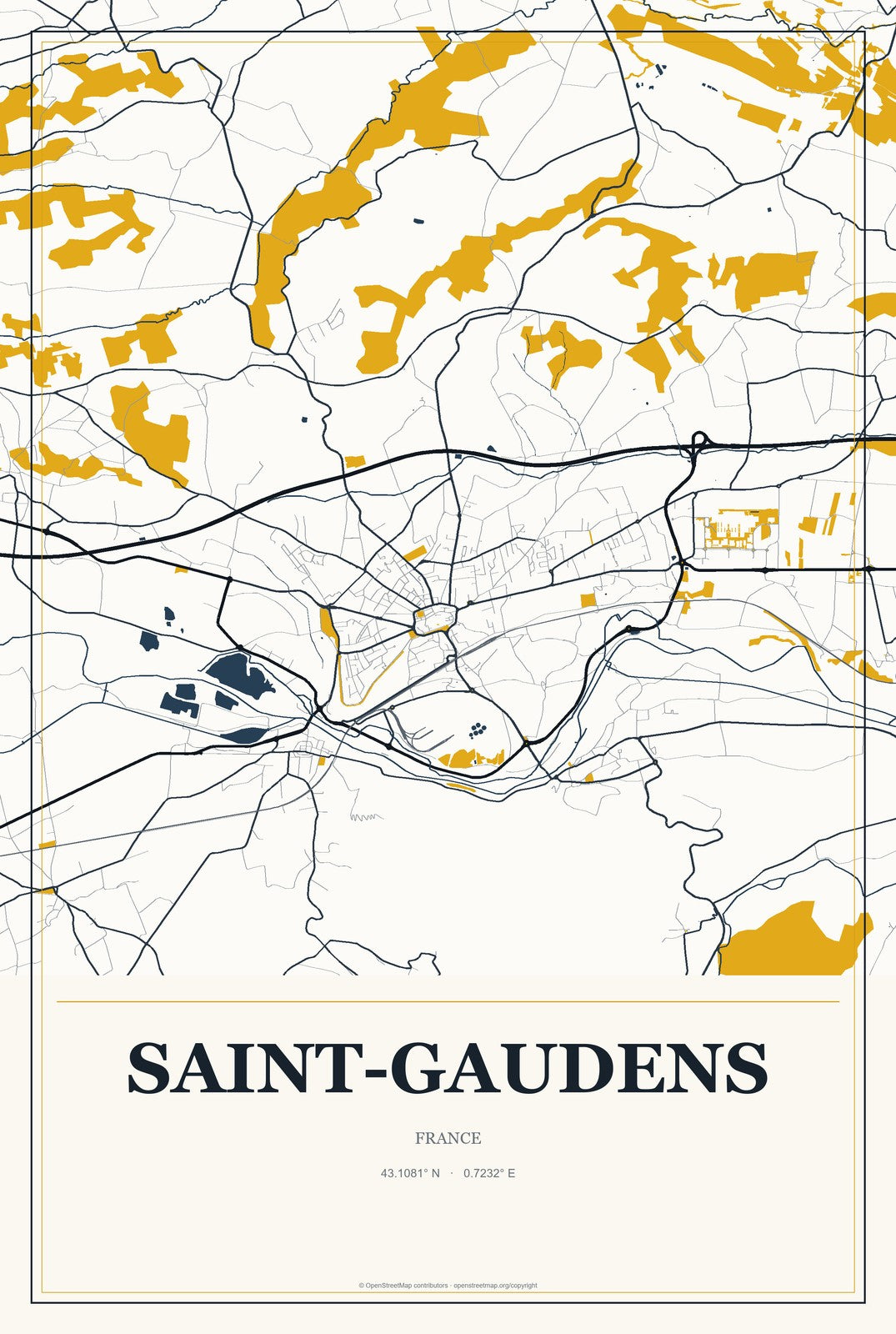 Saint-Gaudens, France City Map Aluminum Sign in Citrine Modern style