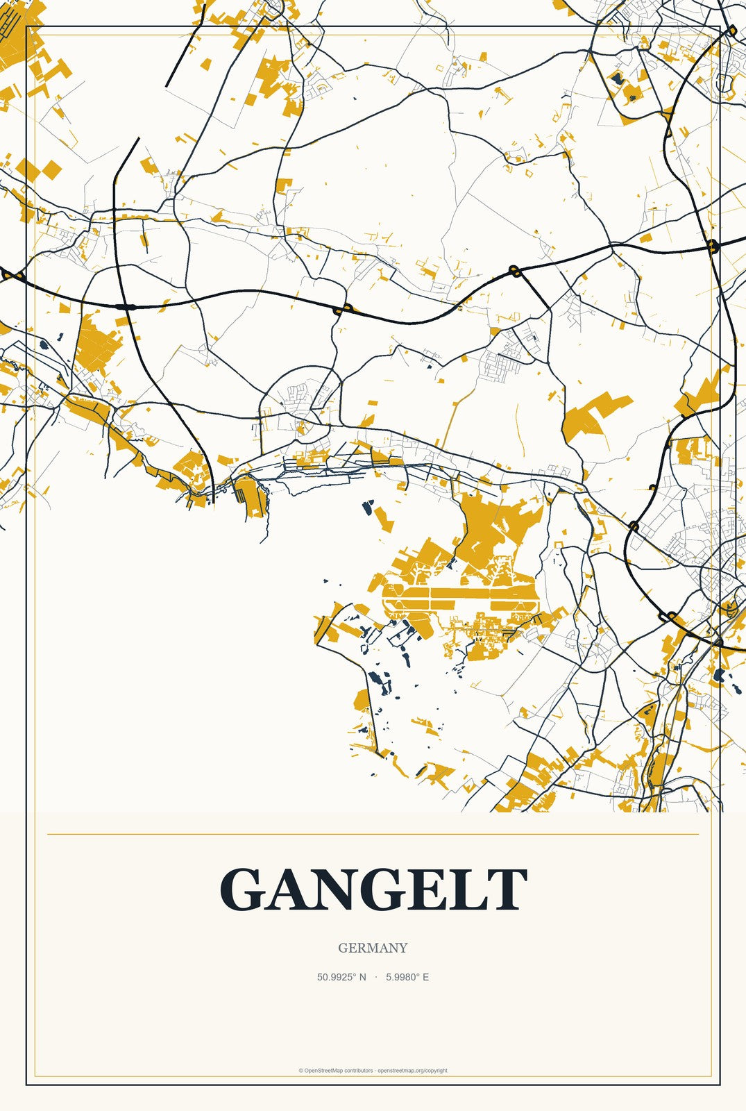 Gangelt, Germany City Map Aluminum Sign in Citrine Modern style
