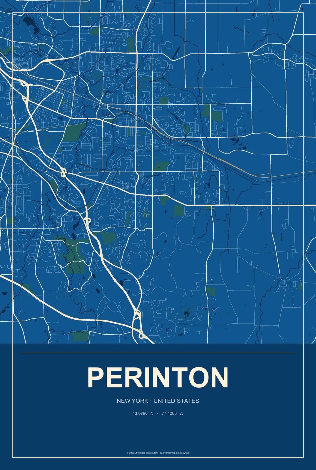 Perinton, New York City Map Aluminum Sign in Harbor Cobalt style