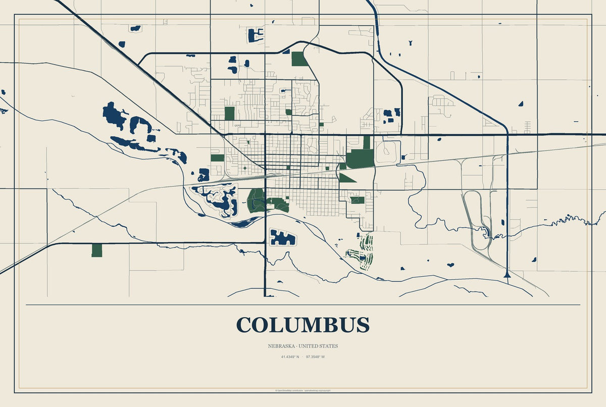Columbus, Nebraska City Map Aluminum Sign in Coastal Cutout style
