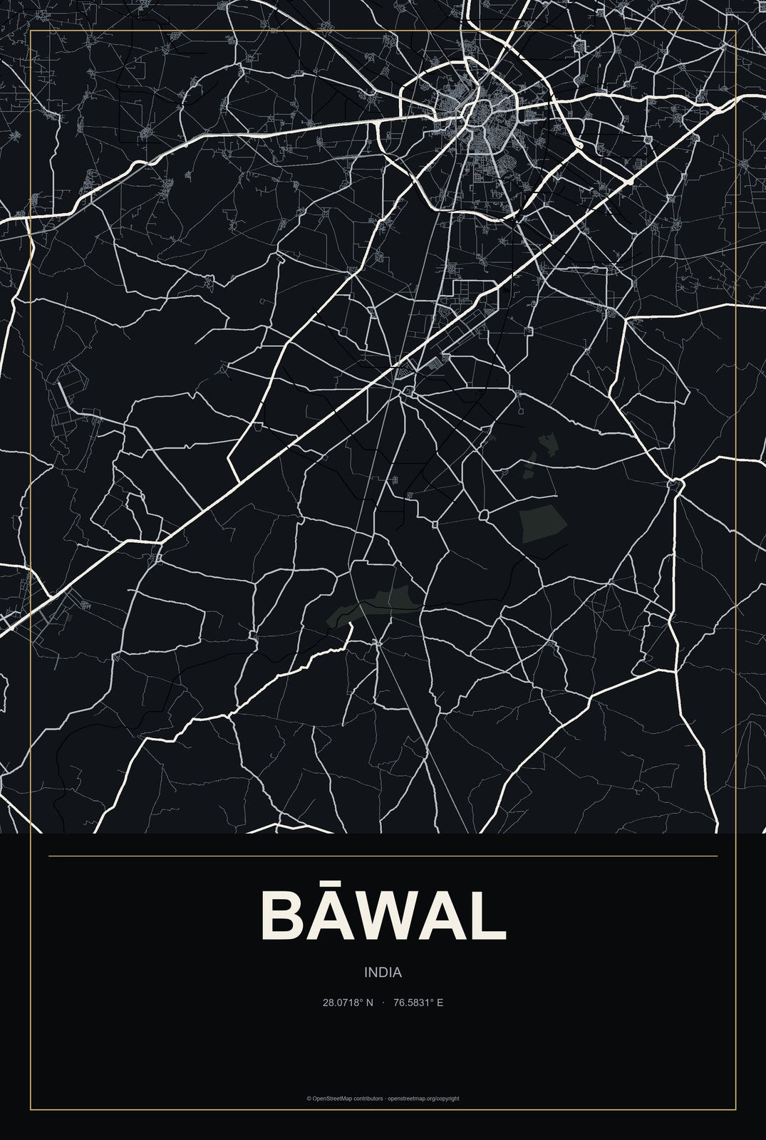 Bāwal, India City Map Aluminum Sign in Metropolitan Noir style