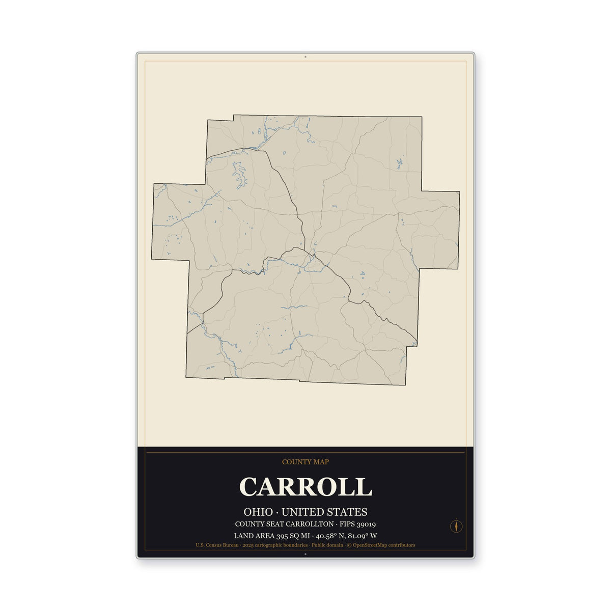Carroll County, Ohio Map Aluminum Sign in Museum Plaque style