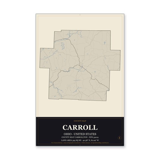 Carroll County, Ohio Map Aluminum Sign in Museum Plaque style