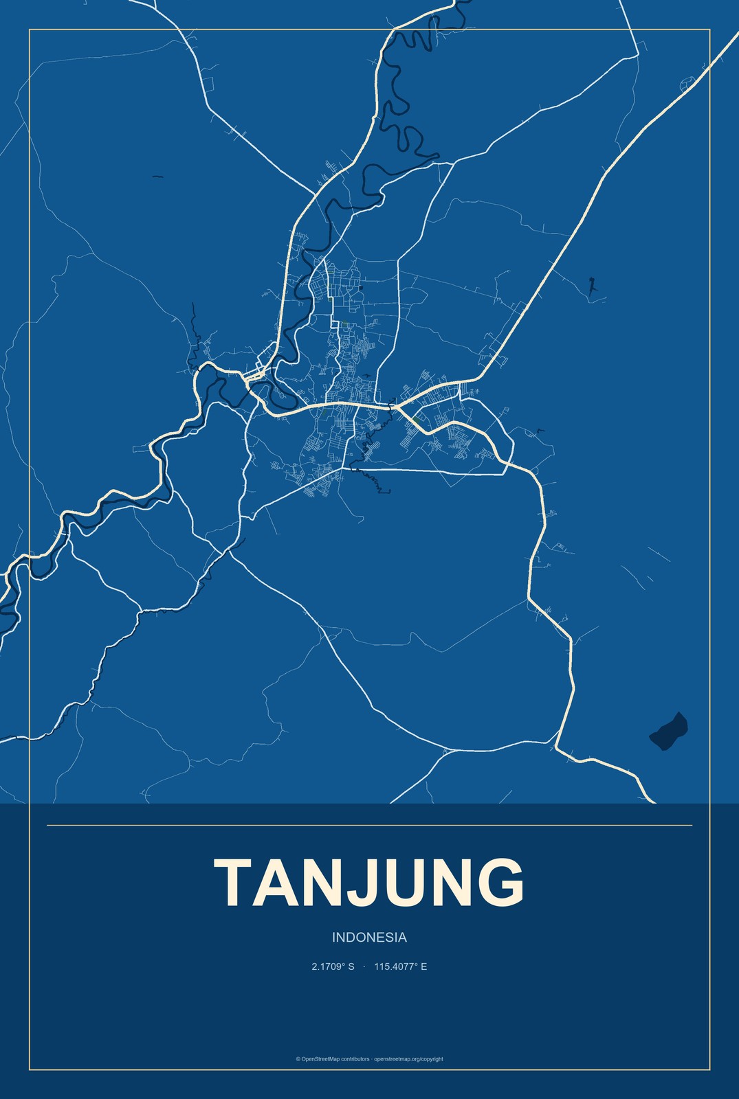 Tanjung, Indonesia City Map Aluminum Sign in Harbor Cobalt style