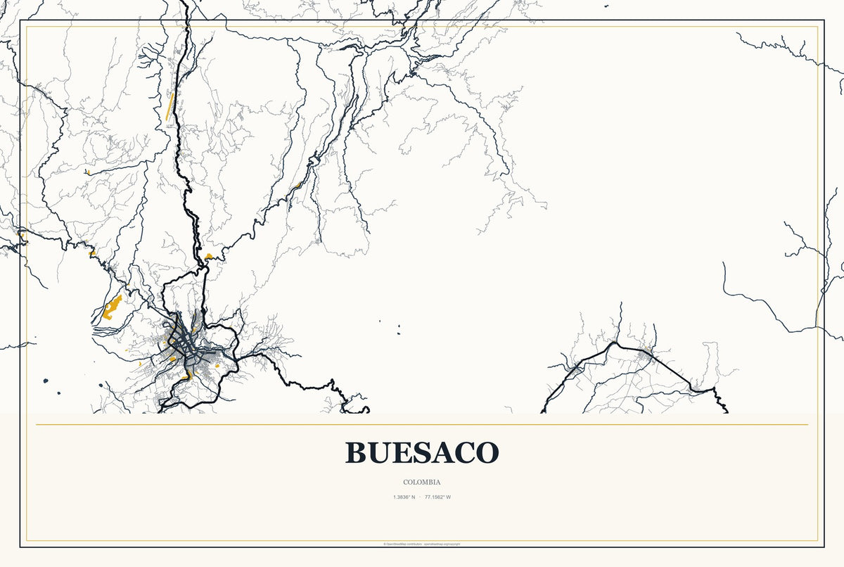 Buesaco, Colombia City Map Aluminum Sign in Citrine Modern style