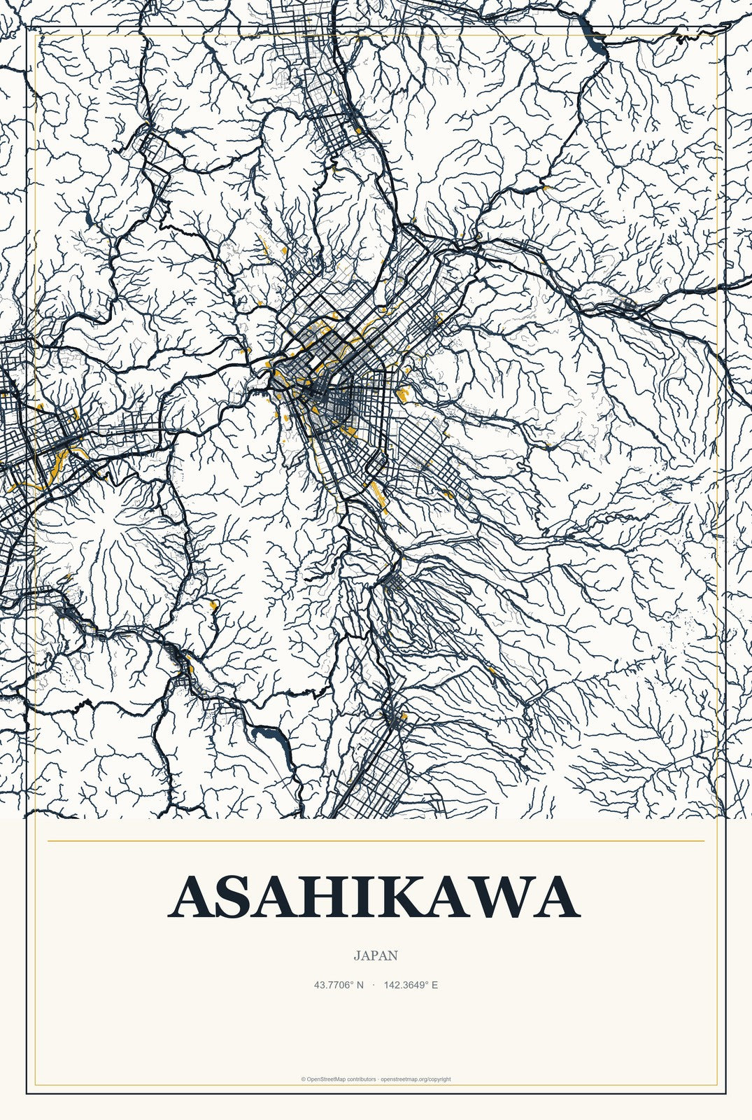 Asahikawa, Japan City Map Aluminum Sign in Citrine Modern style