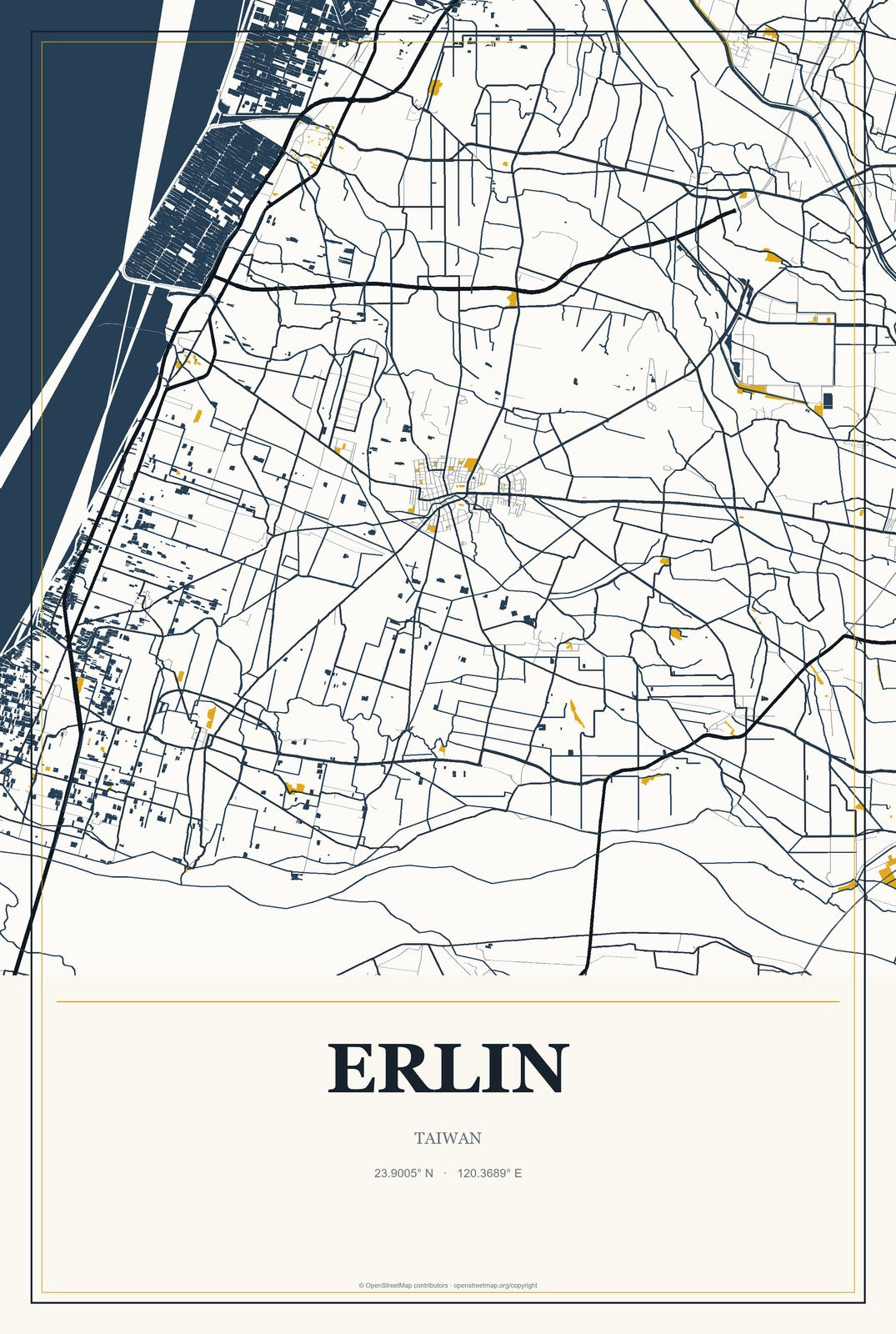 Erlin, Taiwan City Map Aluminum Sign in Citrine Modern style