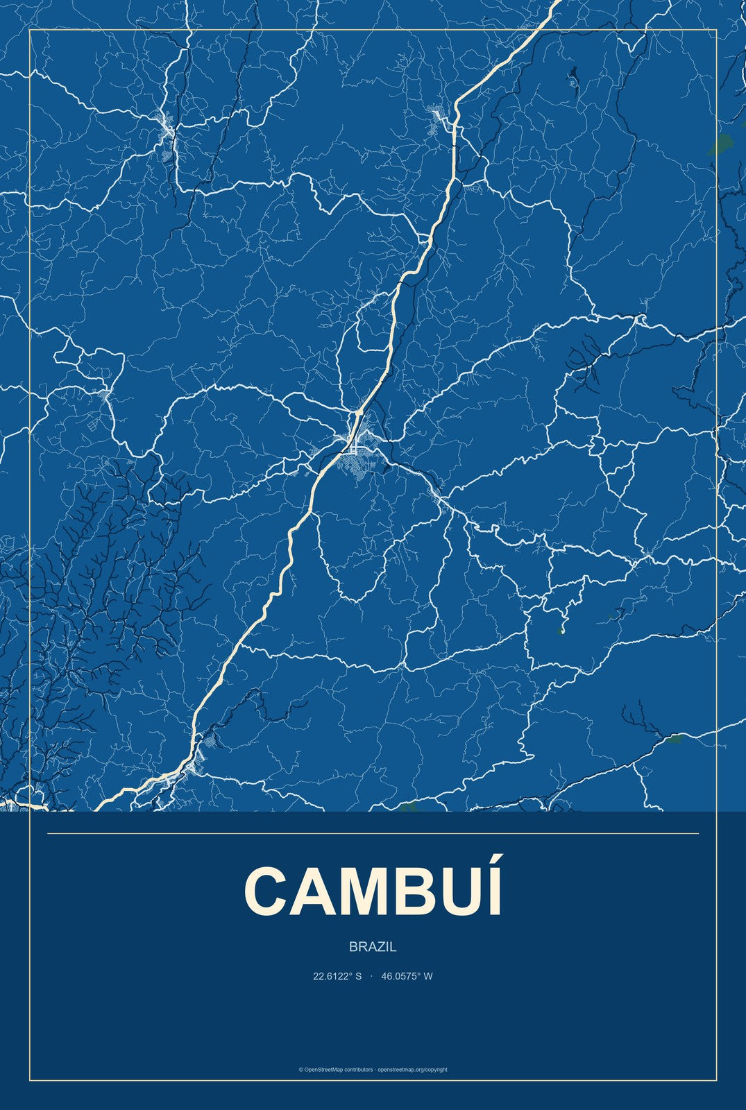 Cambuí, Brazil City Map Aluminum Sign in Harbor Cobalt style