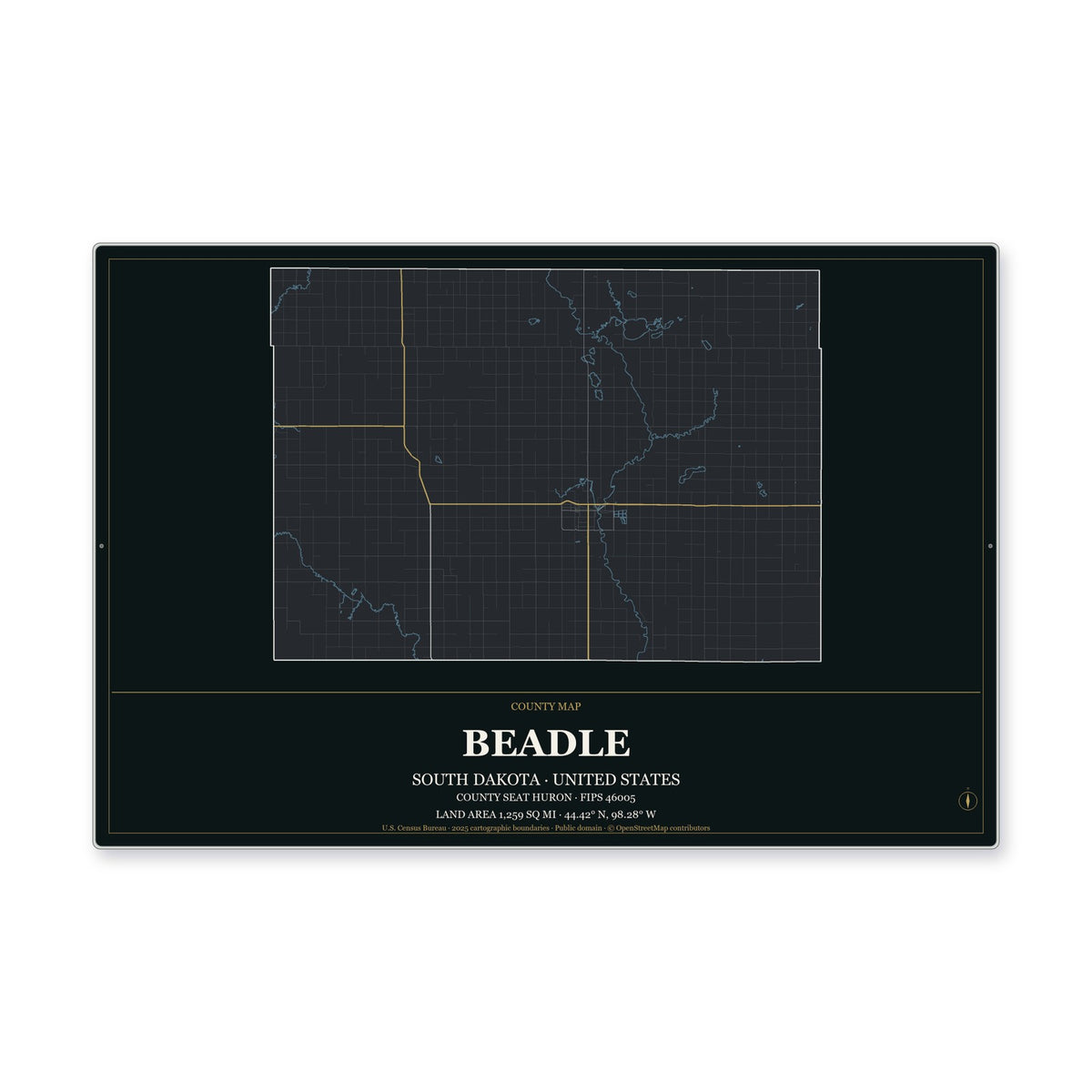 Beadle County, South Dakota Map Aluminum Sign in Metropolitan Noir style