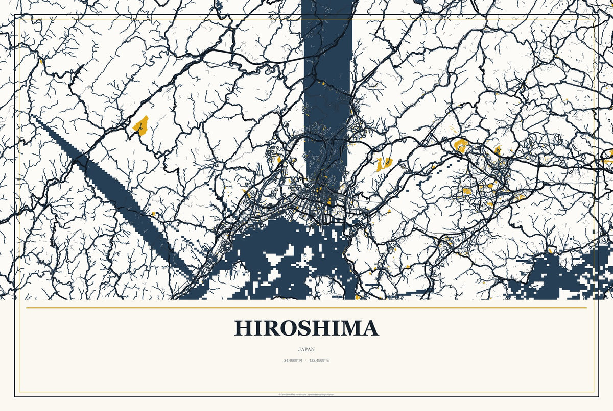 Hiroshima, Japan City Map Aluminum Sign in Citrine Modern style